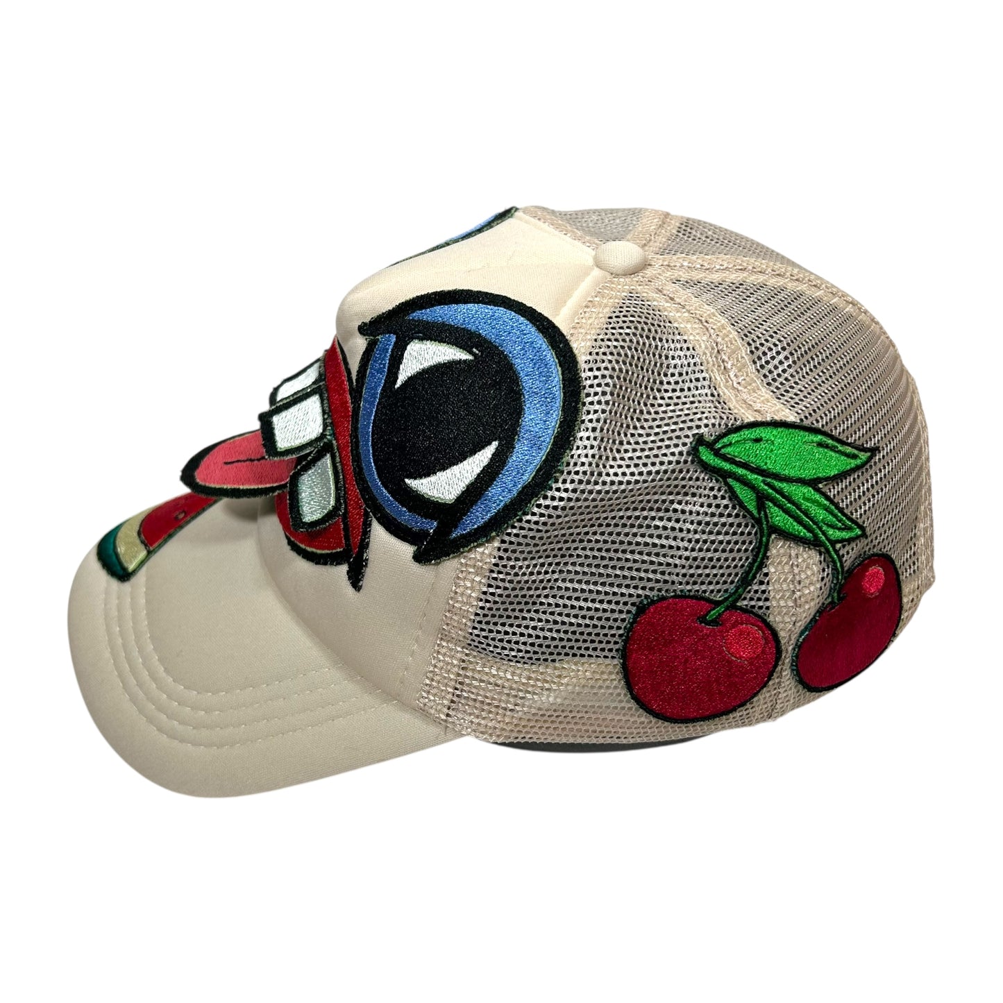 Beige Fruit Monster Face Trucker Hat